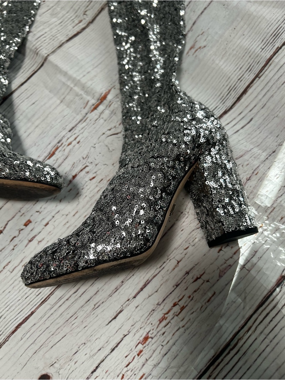 Dolce & Gabbana Silver Sequin Knee-High Block Heel Sock Boots Sz 37 - Picture 6 of 16